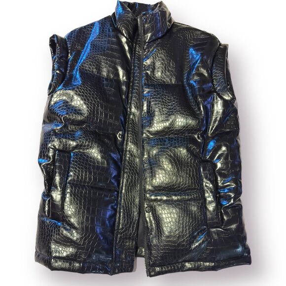 DKNY‎ Black Goth Vest Crocodile Print Gorpcore Puffy Puffer Vest Size XXS - Picture 1 of 5
